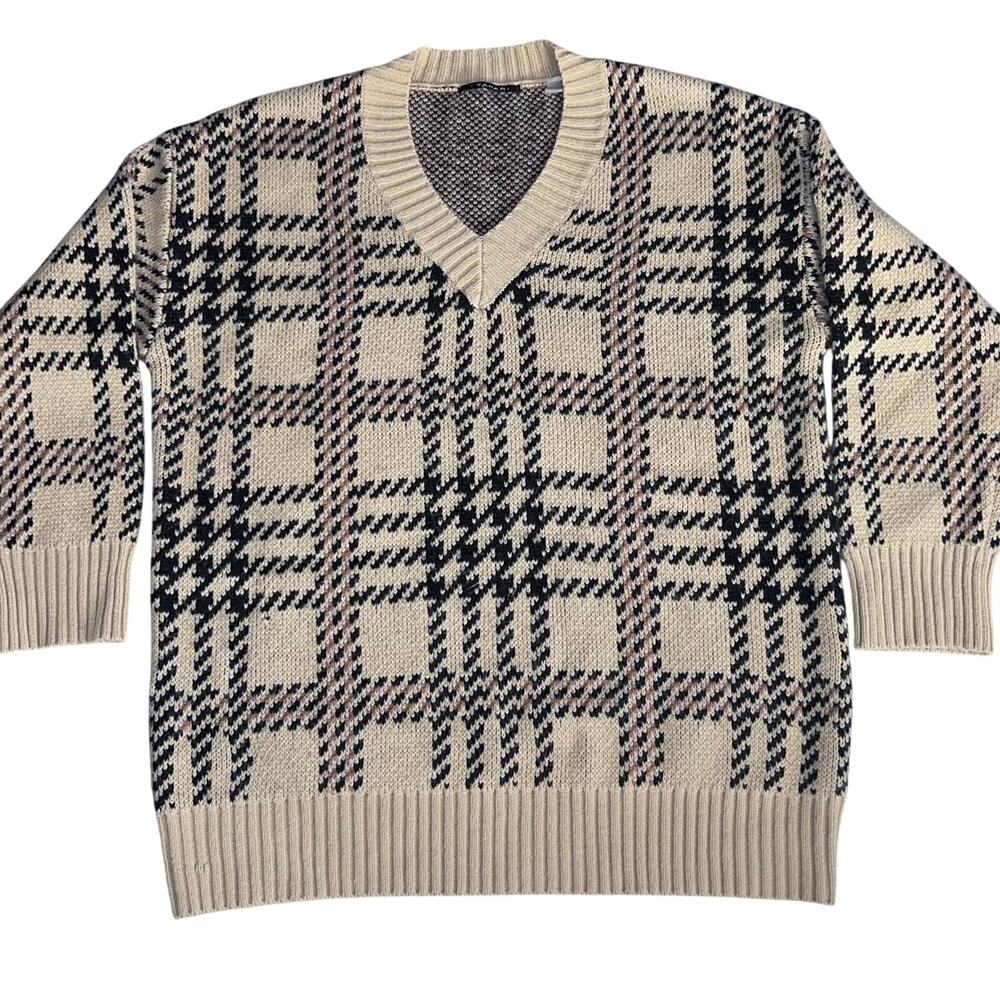 T TAHARI Women’s Beige Brown & Black Oversized V Neck Sweater - Size: Small